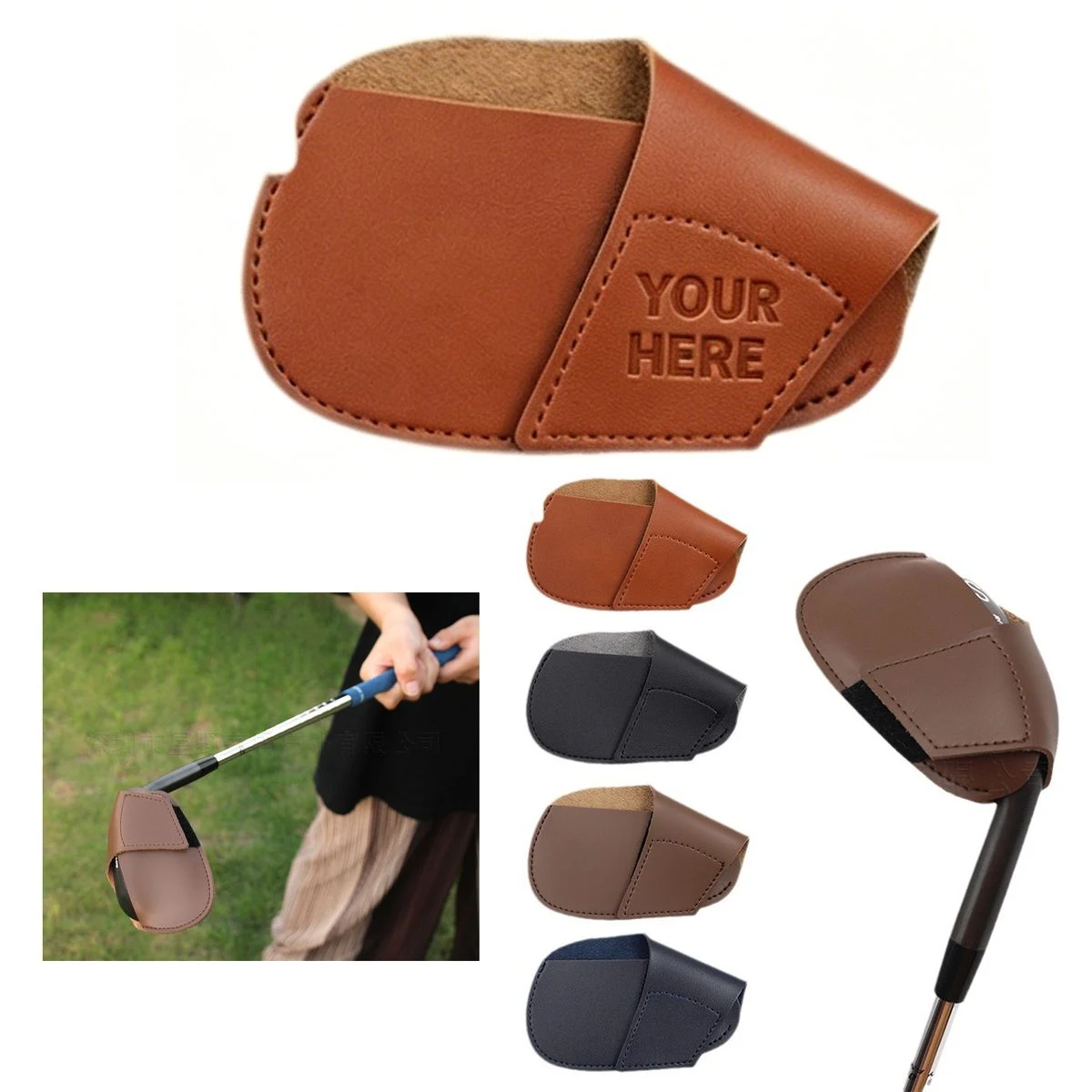 Custom PU Leather Golf Club Head Cover With Velcro Closure 1