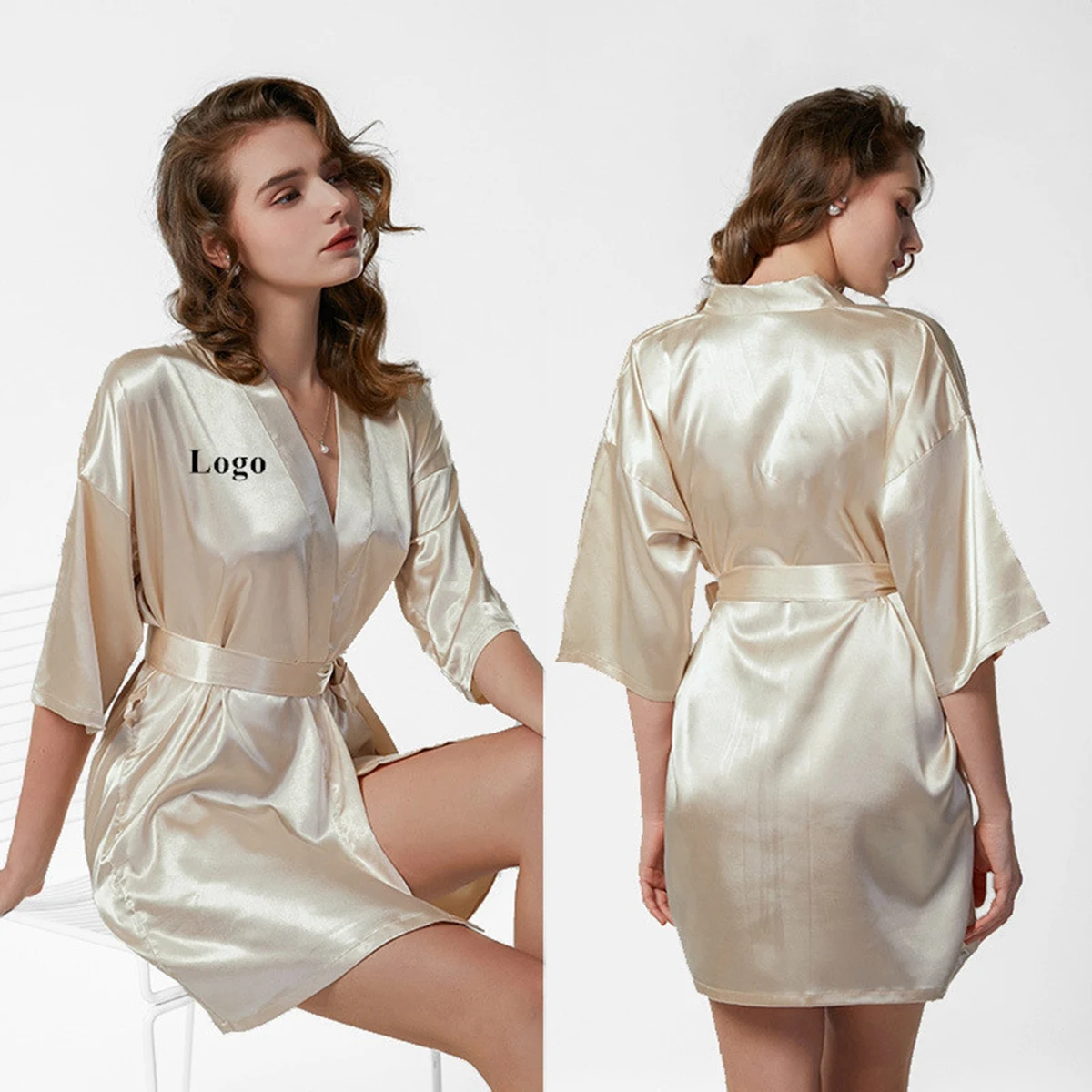 Silky Robe Knee-Length Kimono Satin Robe 1