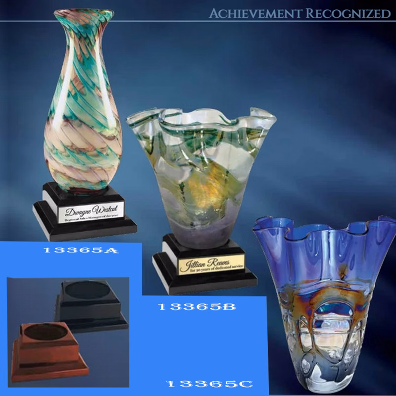 14 1/2" SWIRL ART GLASS VASE WITH PIANO FINISH PEDESTAL BASE