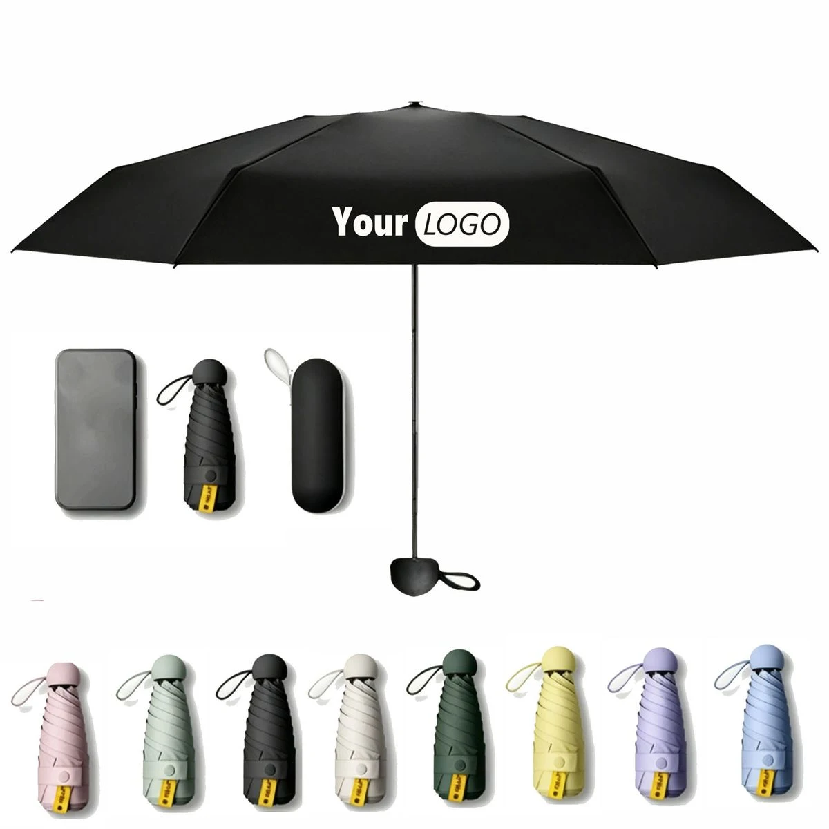 6 Rib Flat 6 Fold Black Coated Pocket Umbrella Custom Logo 1
