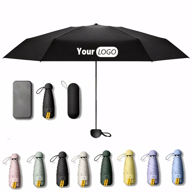 6 Rib Flat 6 Fold Black Coated Pocket Umbrella Custom Logo