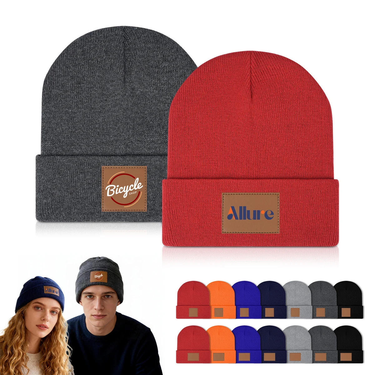 Cuffed Knit Beanie With PU Leather Patch, custom hat with logo imprint 1