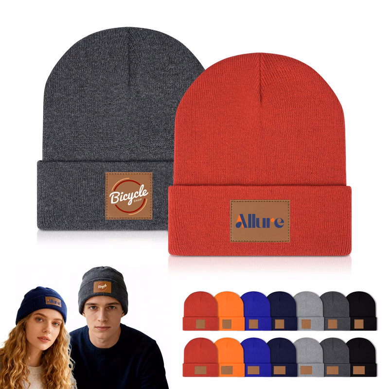 Cuffed Knit Beanie With PU Leather Patch