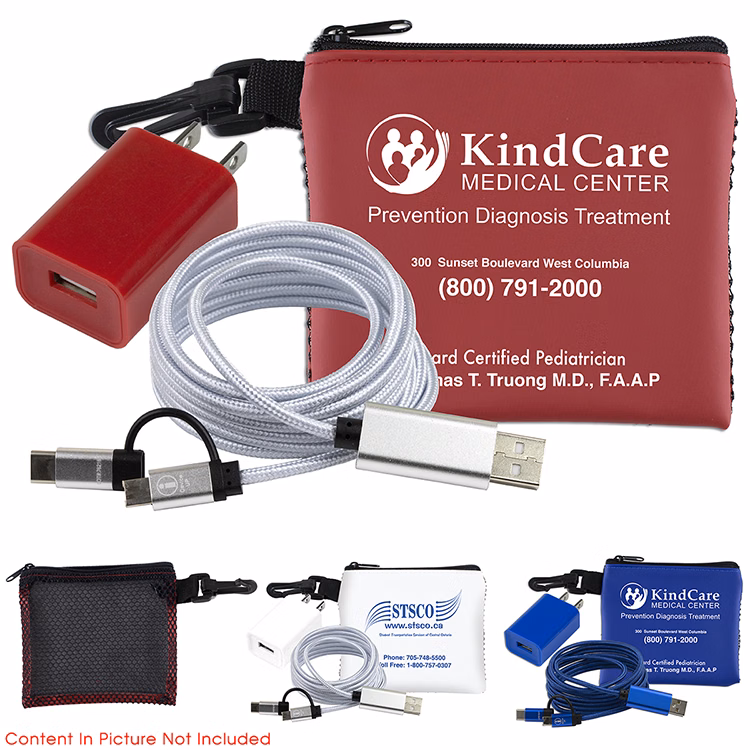 "TechMesh Pro" Mobile Tech Charging Cable Kit in Mesh Zipper Pouch Components inserted into Zipper P