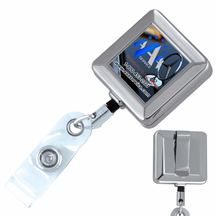32" Cord Square Chrome Solid Metal Retractable Badge Reel and Badge Holder