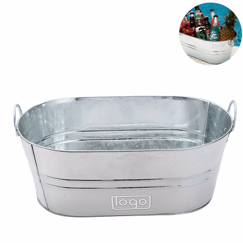 Oval Metal Galvanized Ice Bucket W/ Side Handles