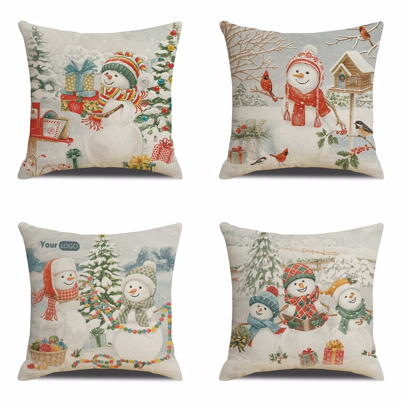 Flax Christmas Snowman Printed Pillowcase