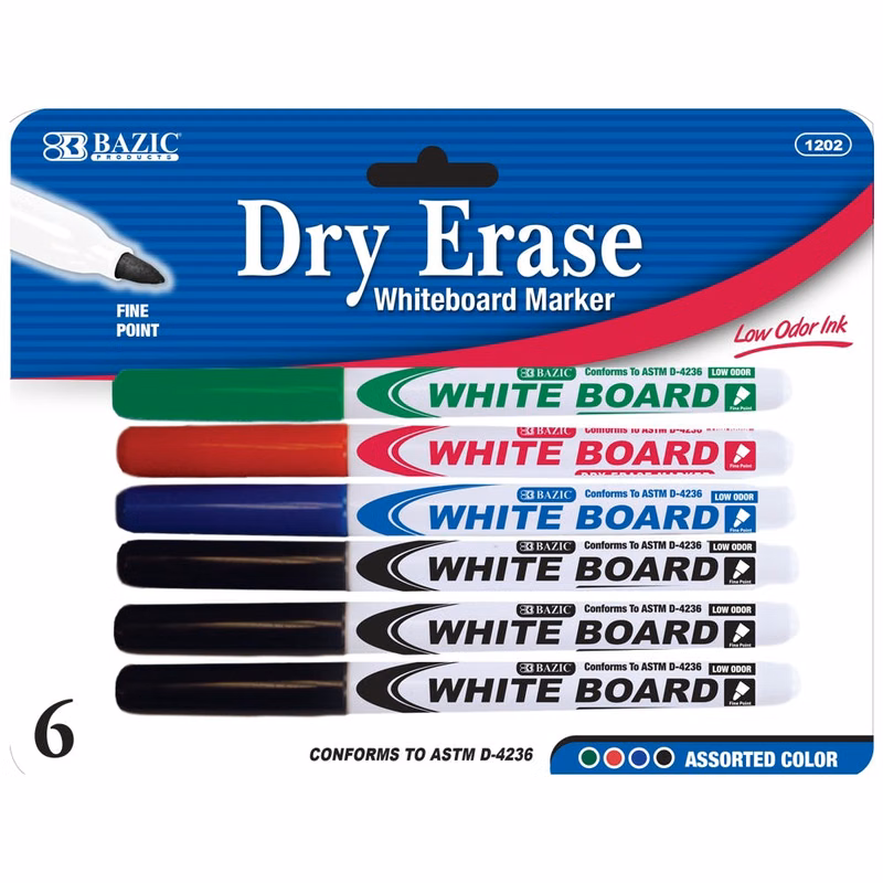 Fine Tip Dry-Erase Markers - 6 Assorted Colors