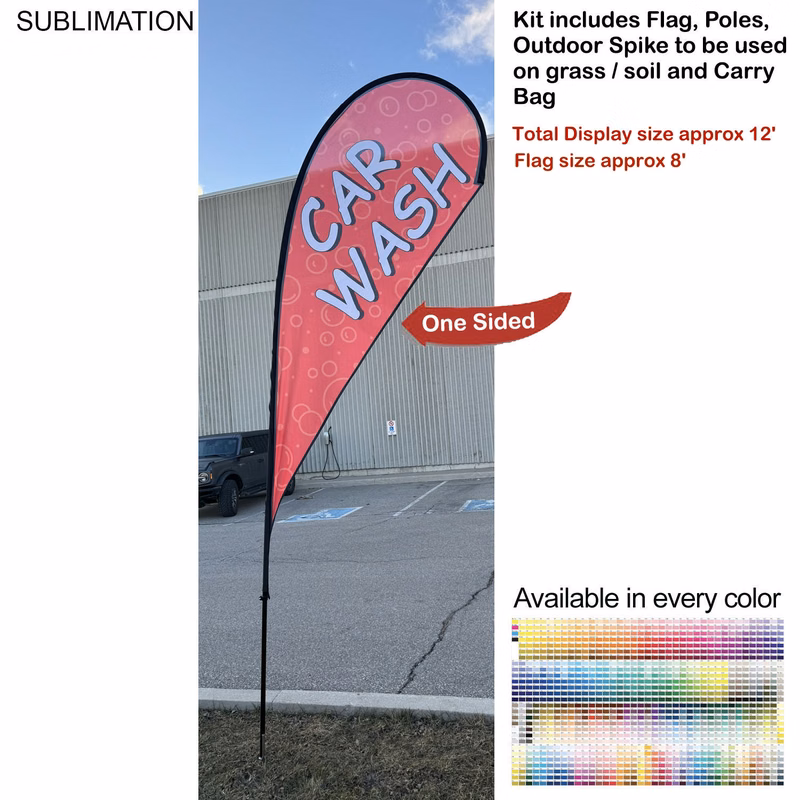 12' Medium Tear Drop Flag Kit, Full Color Graphics One Side, Outdoor Use Spike base and Bag Included