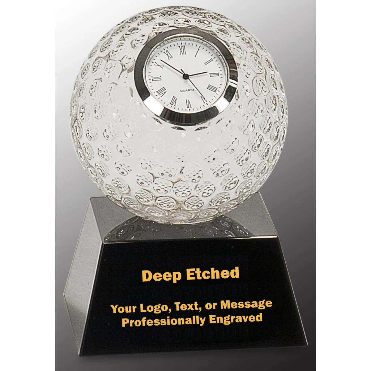 5" Clear Crystal Golf Ball Clock Award with Black Pedestal Base 1