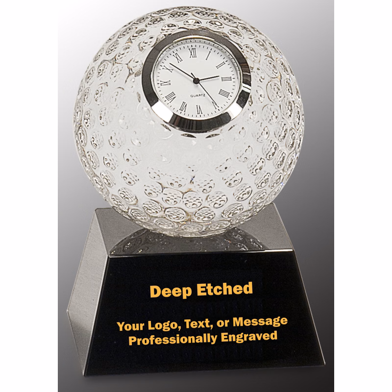5" Clear Crystal Golf Ball Clock Award with Black Pedestal Base
