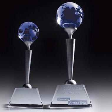 New Style Optical Crystal Blue Globe Award perched on Metal Pole,Large Size