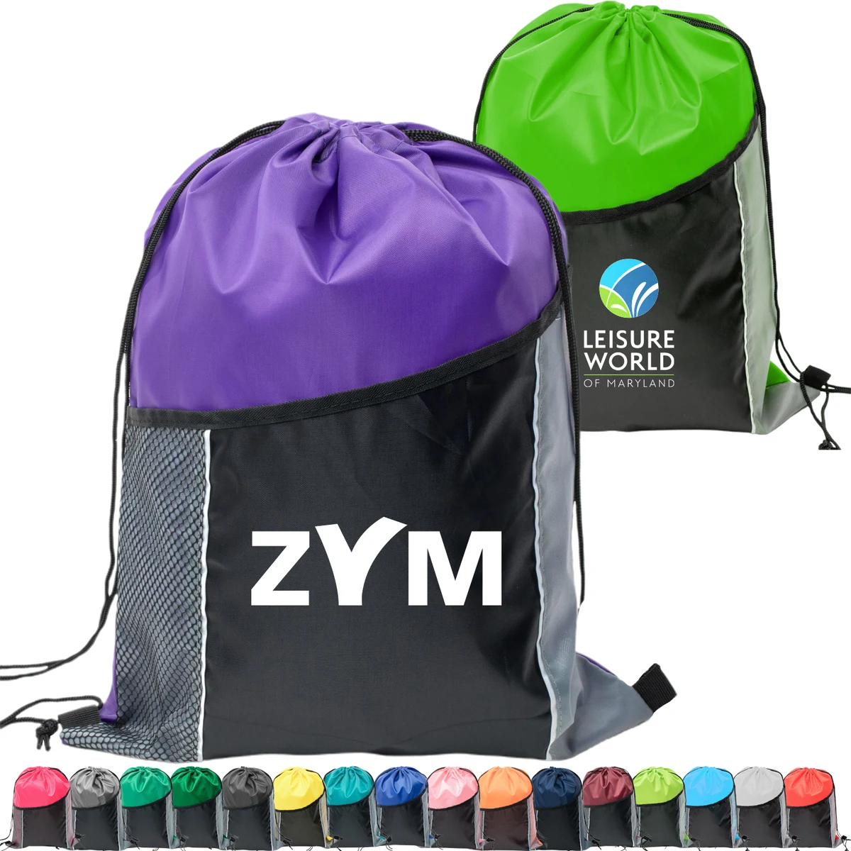 Premium Tri Color Drawstring Backpack w/ Side Mesh Pocket Bag (14" x 18") 1