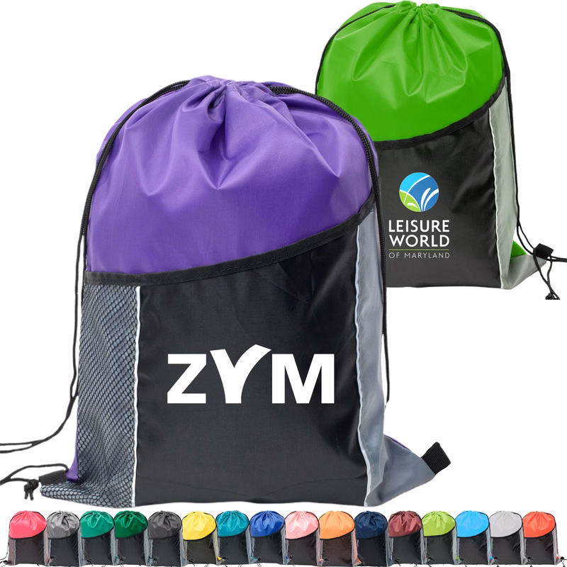 Premium Tri Color Drawstring Backpack w/ Side Mesh Pocket Bag (14" x 18")