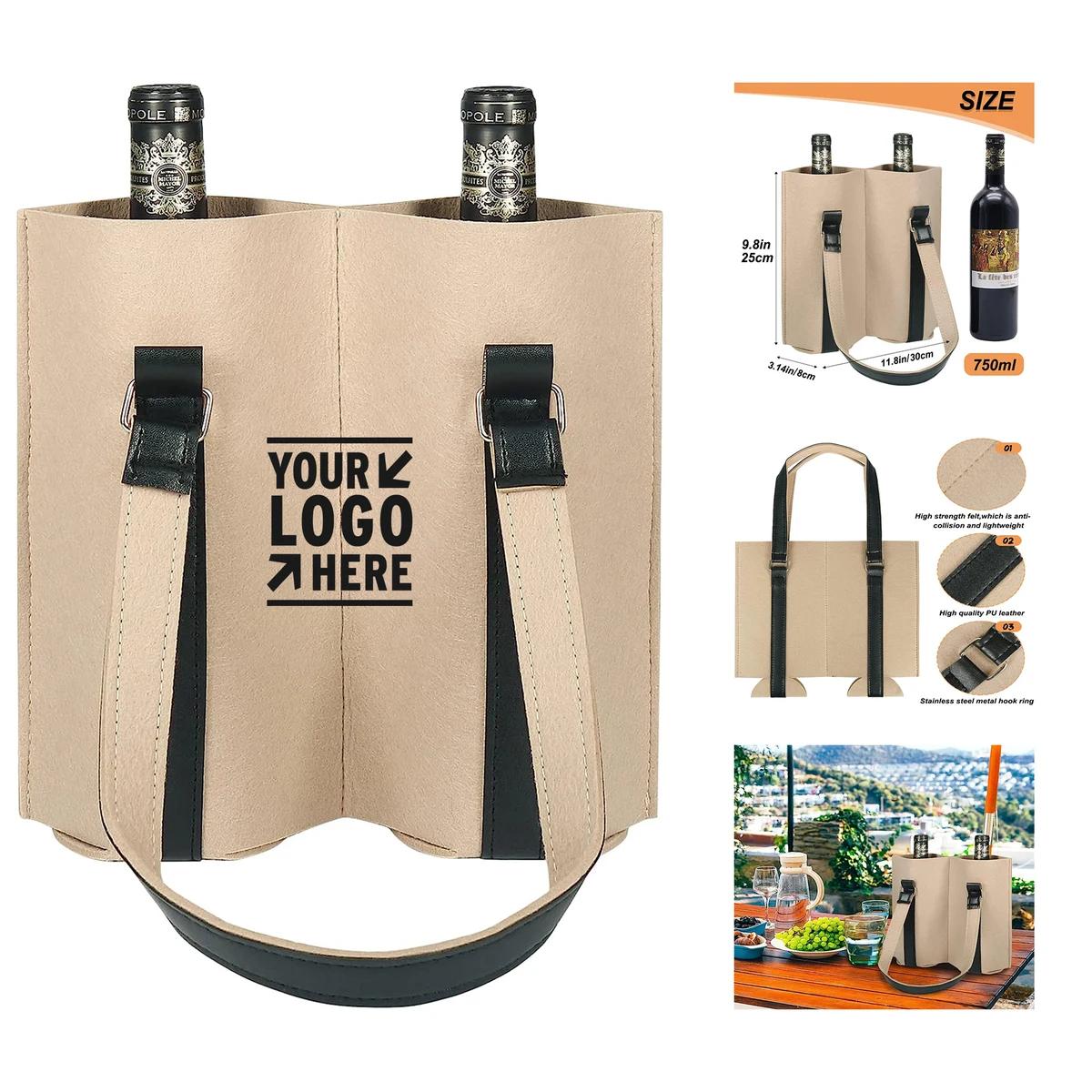 11.8 x3 .14 x 9.8 inch Felt Wine Carrier Tote Bag with Handle Wine Caddy 1