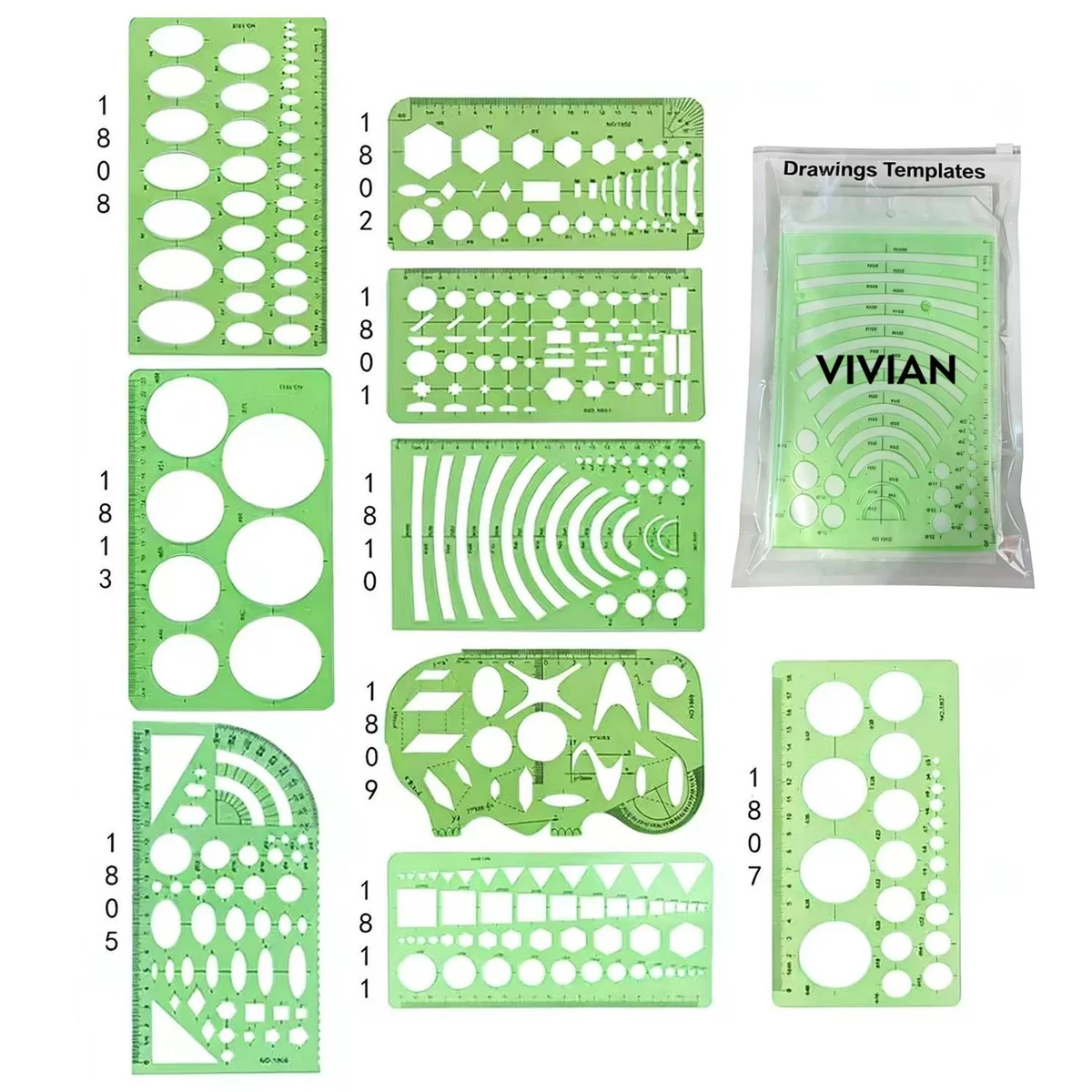 9-Piece Mechanical Drafting Template Set 1