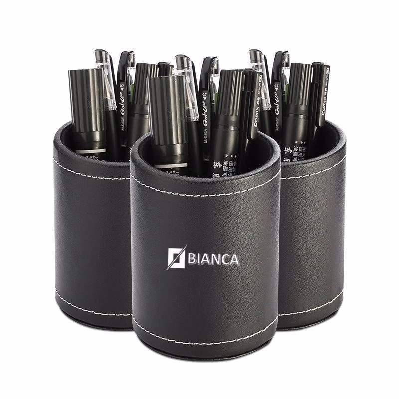 PU Leather Desktop Round Pen Holder
