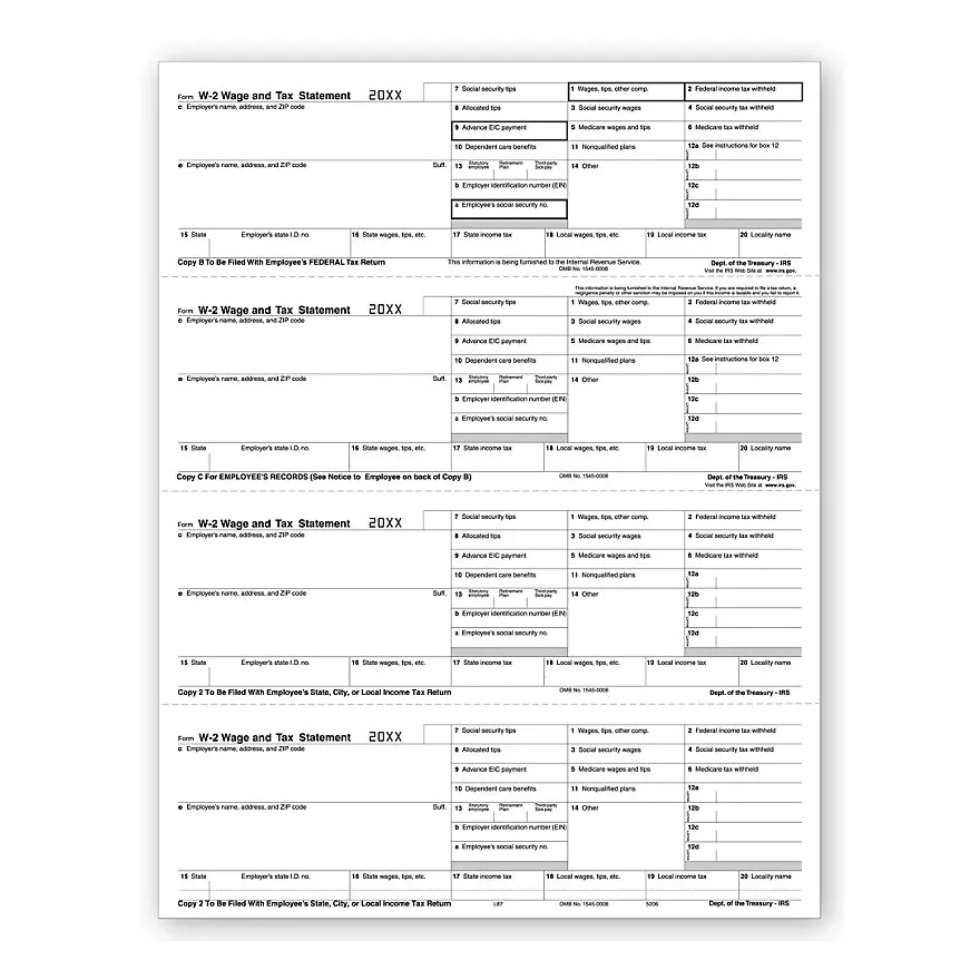 W-2 Tax Forms, 4-Up, Employee Copy, Horizontal - 25 Sheets/P 1