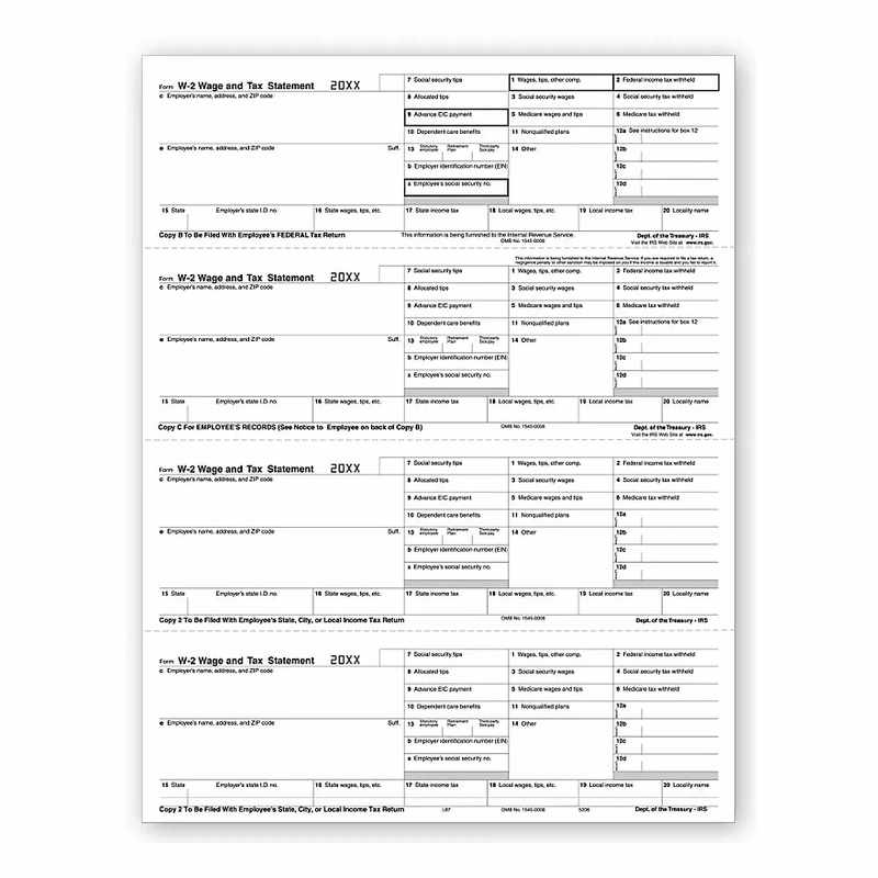 W-2 Tax Forms, 4-Up, Employee Copy, Horizontal - 25 Sheets/P