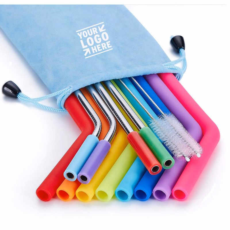 Reusable Silicone and Stainless Steel Drinking Straws Case Set