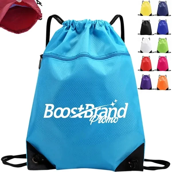 Custom Drawstring Sports Gym Backpack with Zippered Pocket — Active Lifestyle Promo 1