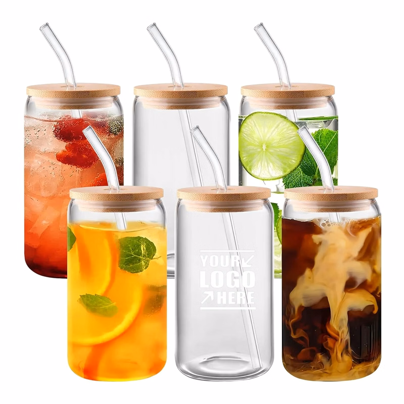 16 oz Glass Cups With Bamboo Lids and Straws