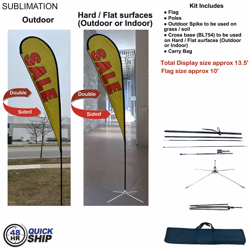 48Hr Quick- 13.5' Large Tear Drop Flag Kit, Full Color Graphic Double Side, Outdoor & Indoor use