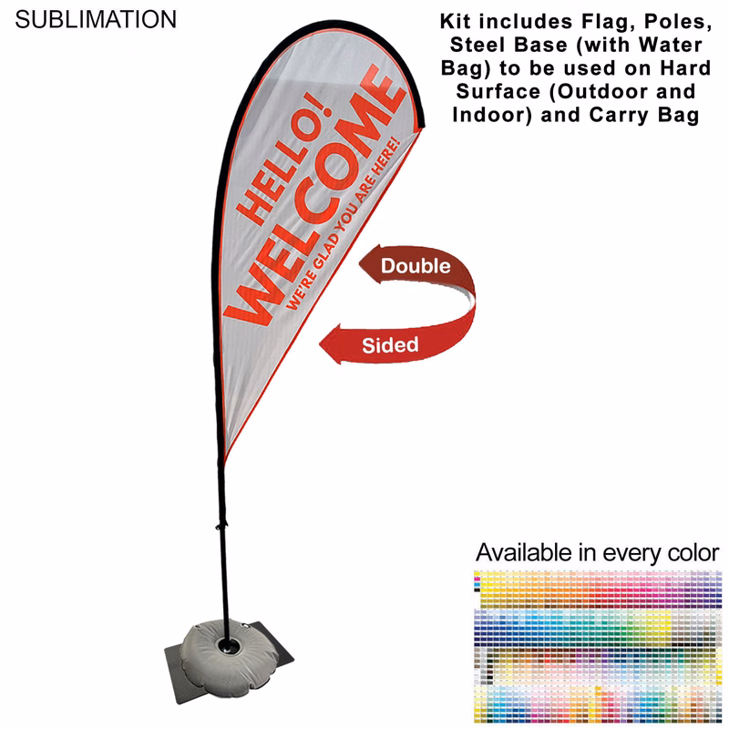 9' Small Tear Drop Flag Kit, Full Color Graphics Double Sided, Outdoor Spike base, Indoor Steel Base