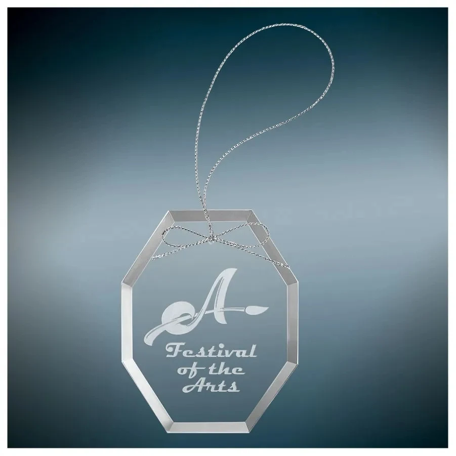 3 3/4" Octagon Clear Glass Ornament w/Silver String 1