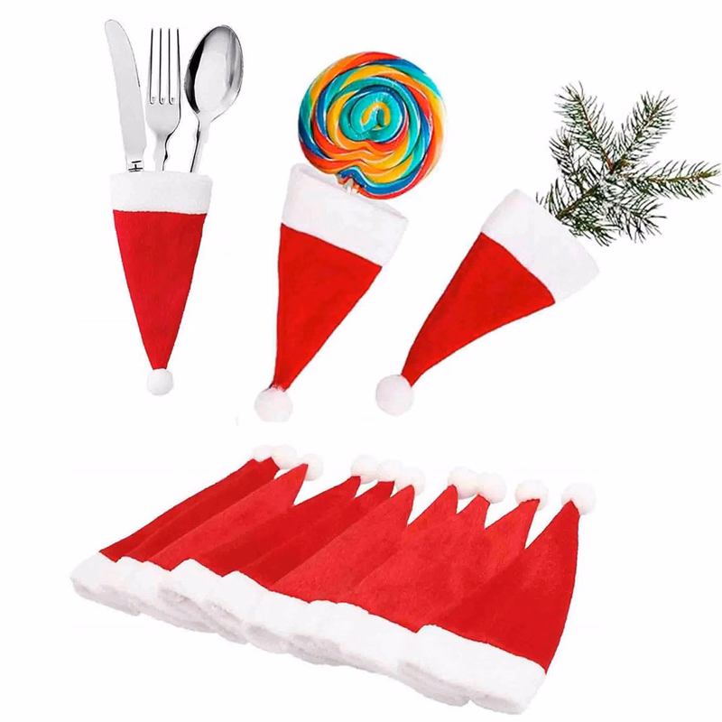Christmas Mini Santa Hats for Silverware Candy Wine Bottle