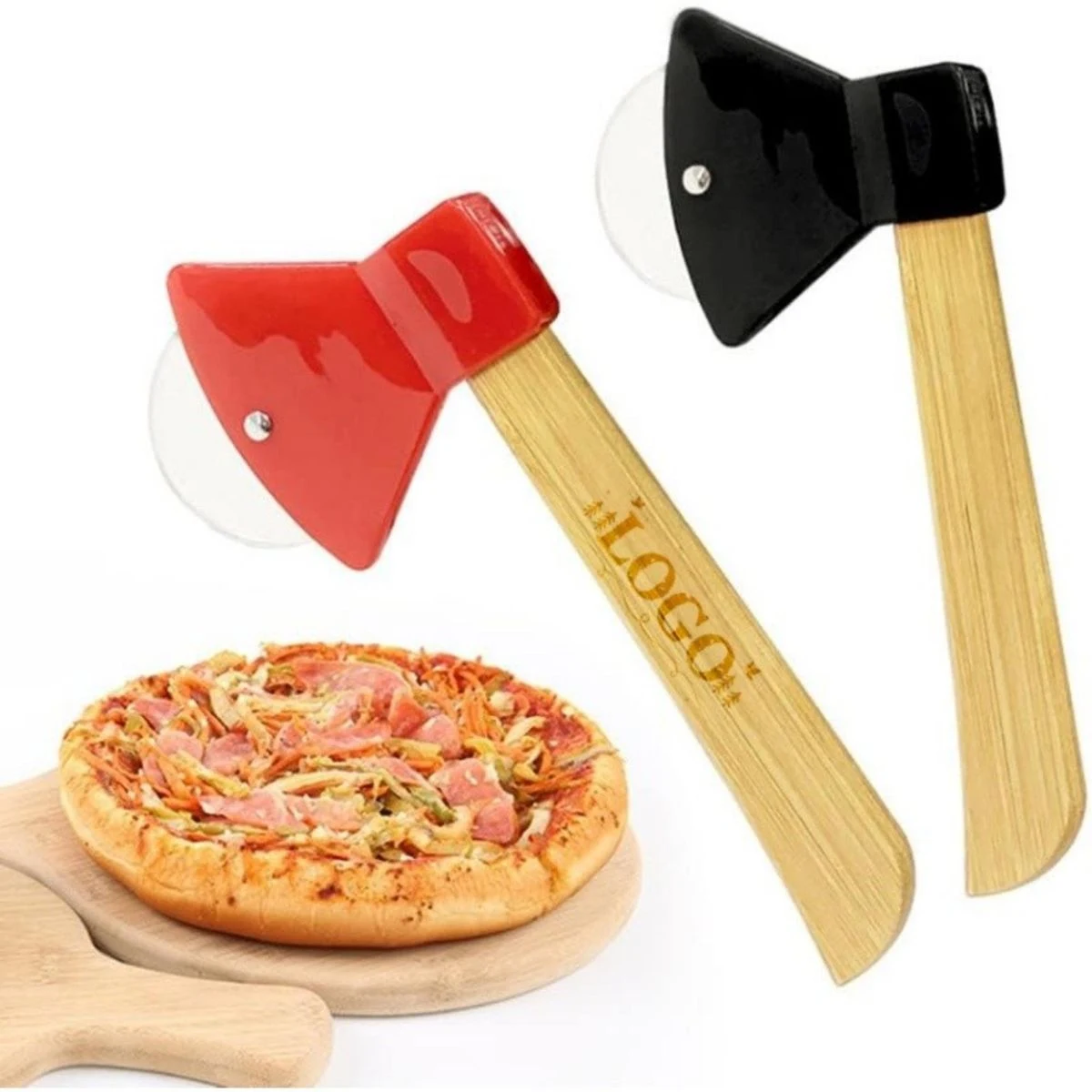 Stainless steel Axe Shaped Pizza Cutter w/Bamboo Handle 1