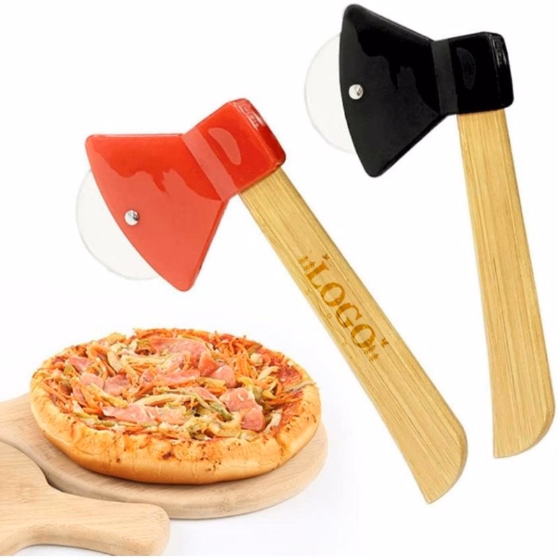Stainless steel Axe Shaped Pizza Cutter w/Bamboo Handle