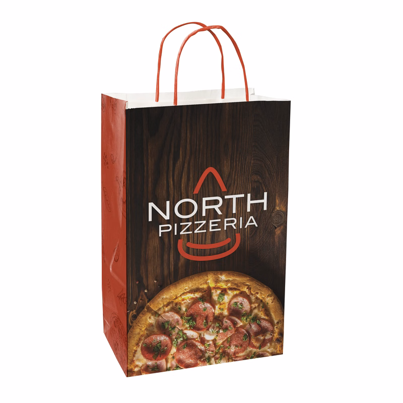 Multi-sided Full Color White Shopper Paper Bag - Red Handle (8.5" x 13.375" x 5")