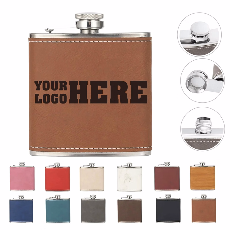 6OZ Leather 201 Food Grade Stainless Steel Vodka Flask