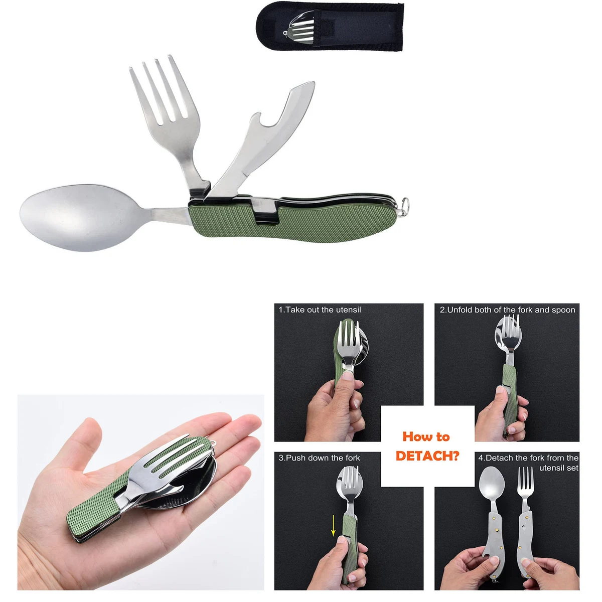 3-IN-1 Camping Utensil Stainless Steel Fork Spoon Knife Bottle Opener Set 1
