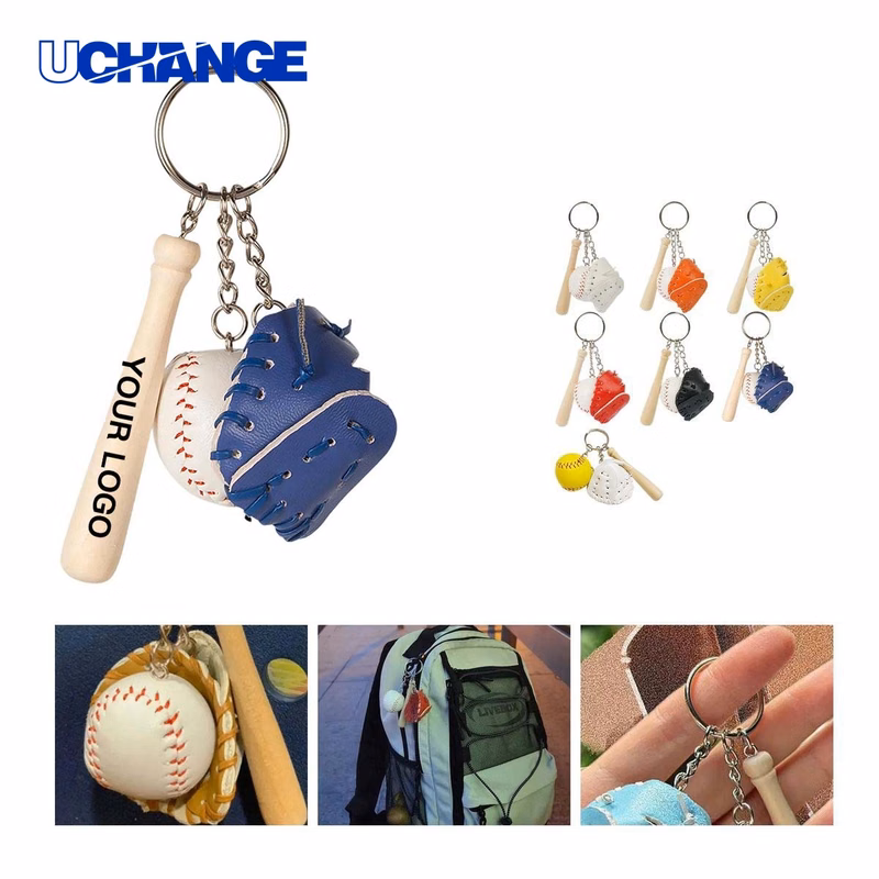 Baseball Keychain Charm with Glove Bat and Ball