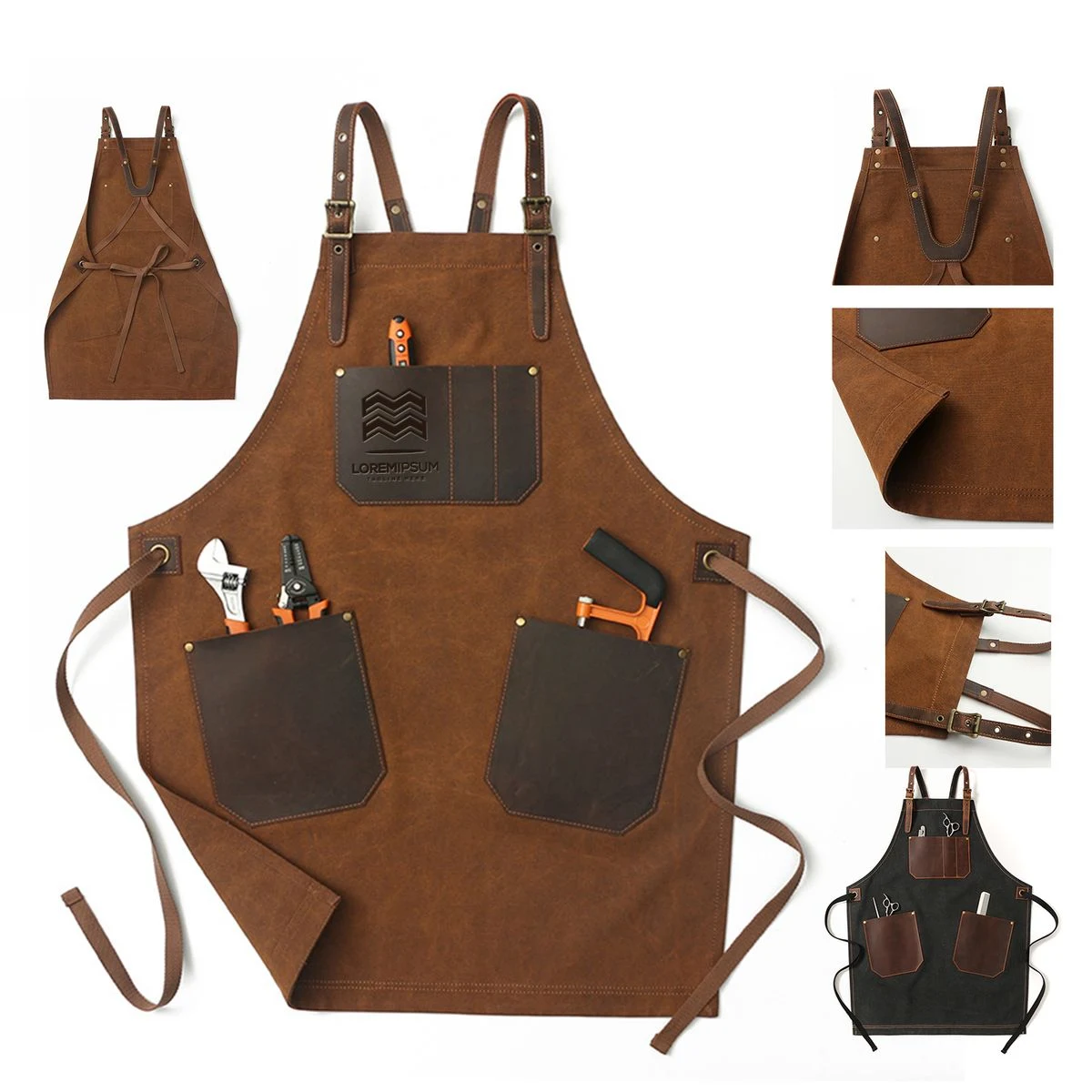 Canvas Work Apron With PU Leather Pockets 1
