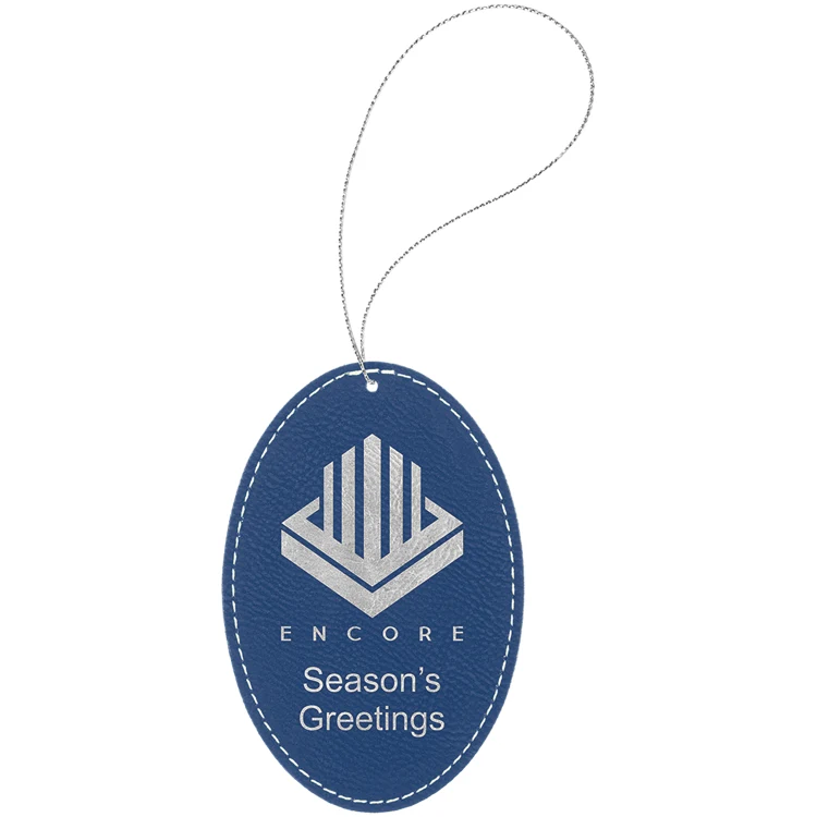 Blue/Silver Leatherette Oval Ornament with Silver String 1