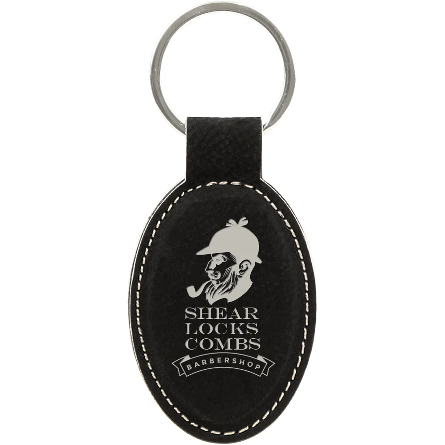 3" x 1 3/4" Black/Silver Leatherette Oval Keychain 1