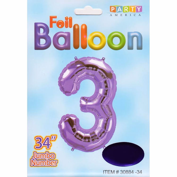 Mylar Number 3 Balloons - Purple 34"