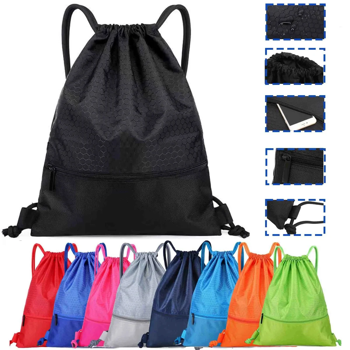 Pocketed Waterproof Drawstring Backpack W/ Zipper 1