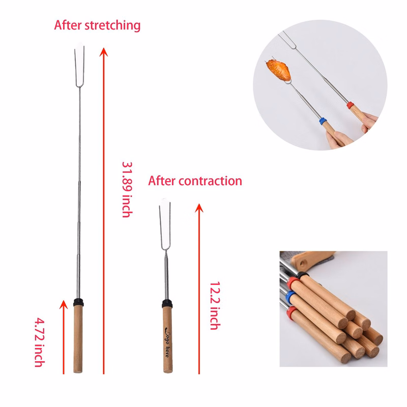 Telescopic U-Shaped BBQ Roasting Fork with Wooden Handle