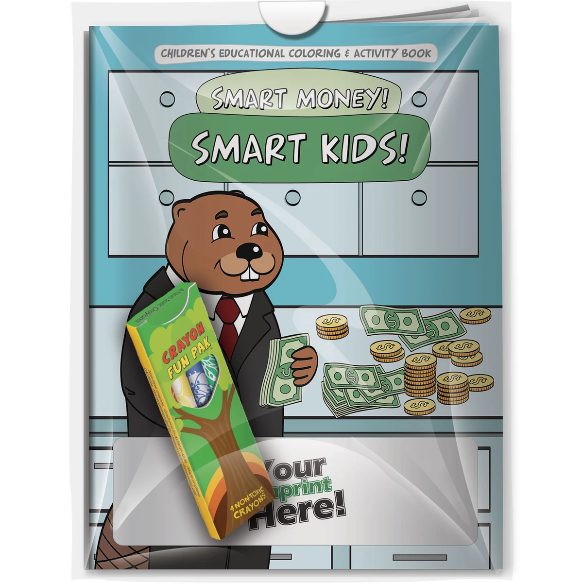 Combo Pack - CB1082 Coloring Book & 4-Pack of Crayons (Imprinted) in a Poly Bag 1