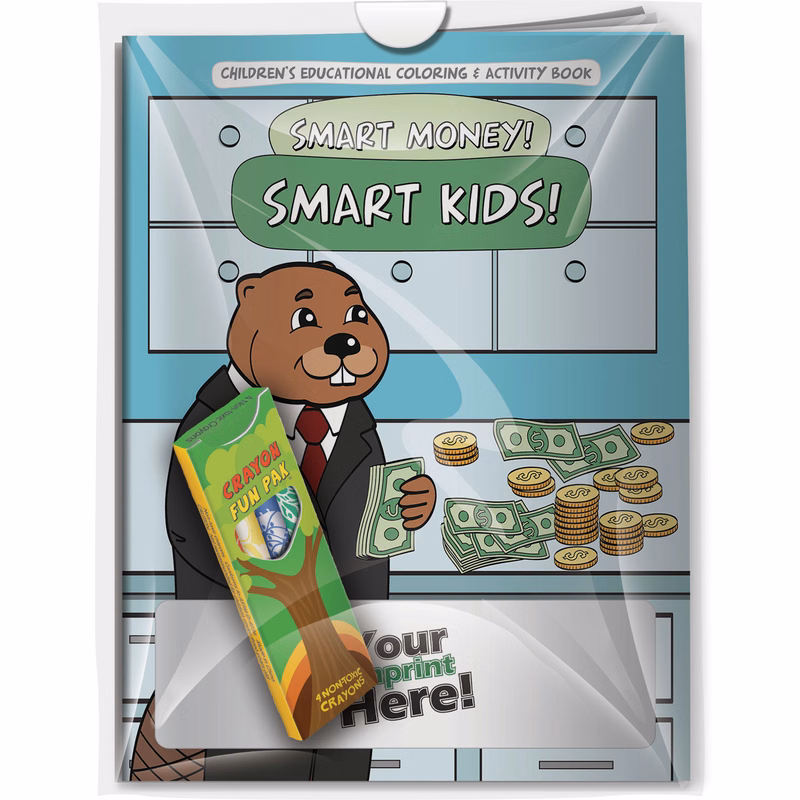 Combo Pack - CB1082 Coloring Book & 4-Pack of Crayons (Imprinted) in a Poly Bag