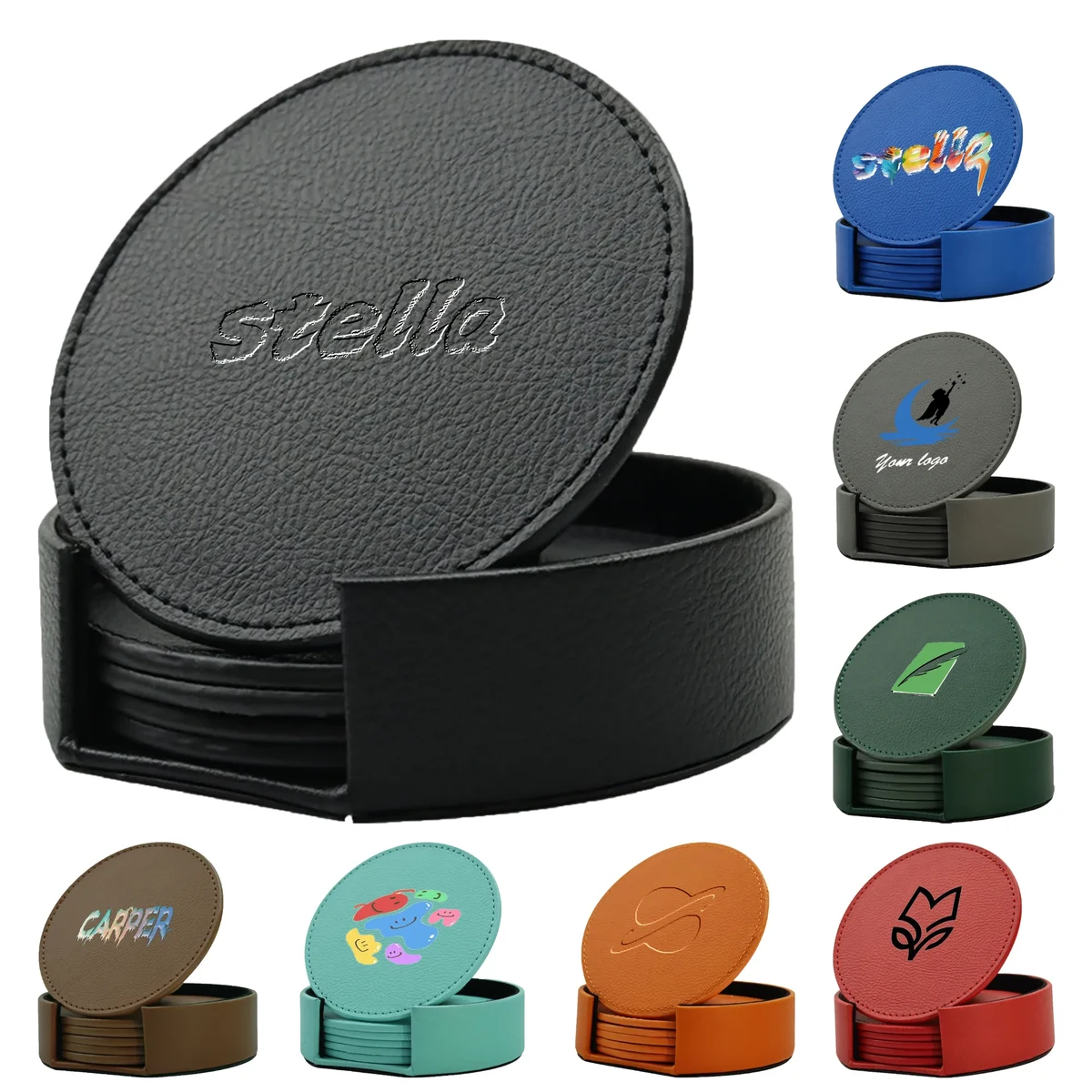 Set of 6 Round PU Leather Coasters 1