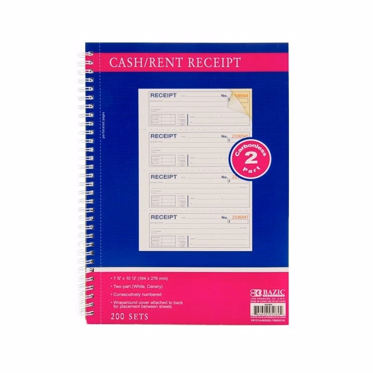 Carbonless Spiral Bound Cash or Rent Receipt Books - Two Part