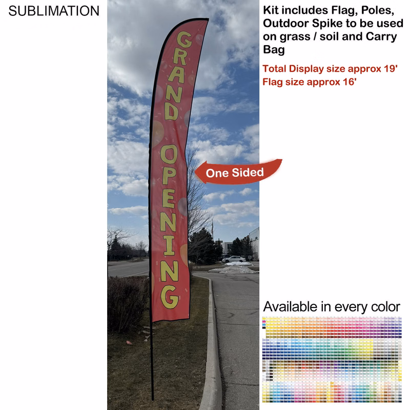 19' X-Large Feather Flag Kit, Full Color Graphics One Side, Outdoor Spike base and Bag Included