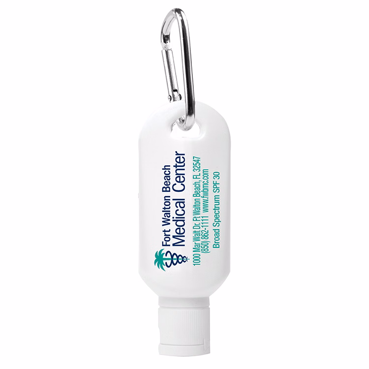 "Sunny Day" 1 oz Broad Spectrum SPF 30 Sunscreen Lotion in Solid White Carabiner Tottle