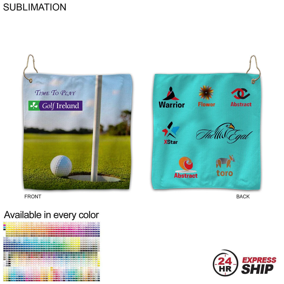 24Hr Express Ship - Colored Microfiber Dri-Lite Terry Golf Towel, 12x12, Nofold, Sublimated 2 sides 1