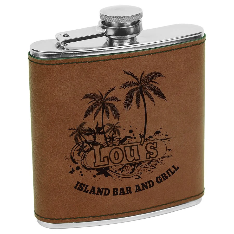 6 oz. Dark Brown Leatherette Stainless Steel Flask, custom water bottle with logo imprint 1